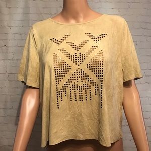 Millibon tan faux suede cutout design top size large boho comfy